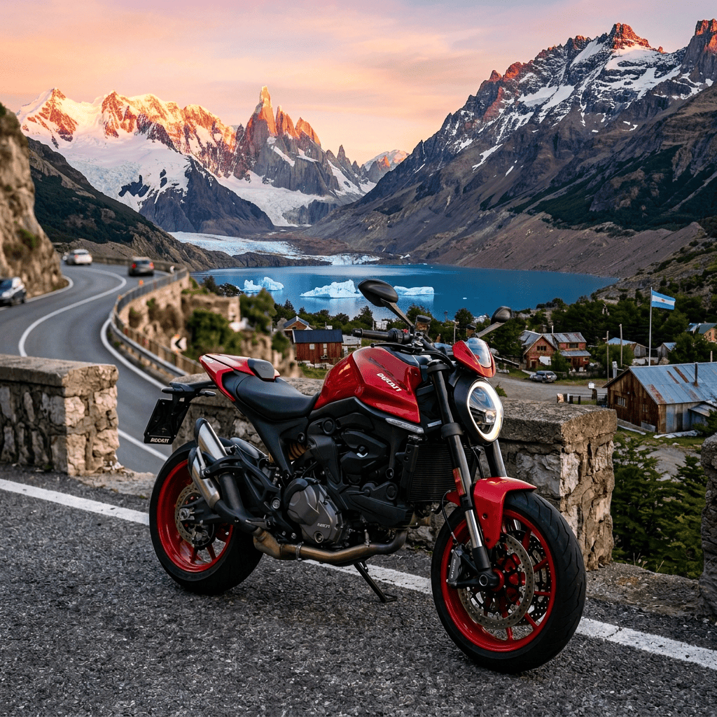 Red Ducati motorcycle parked beside a Mediterranean coastal road