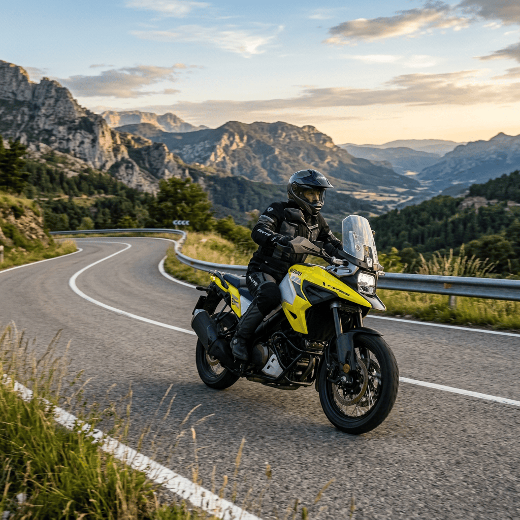 Motorcyclist riding a yellow adventure motorcycle on a winding mountain road