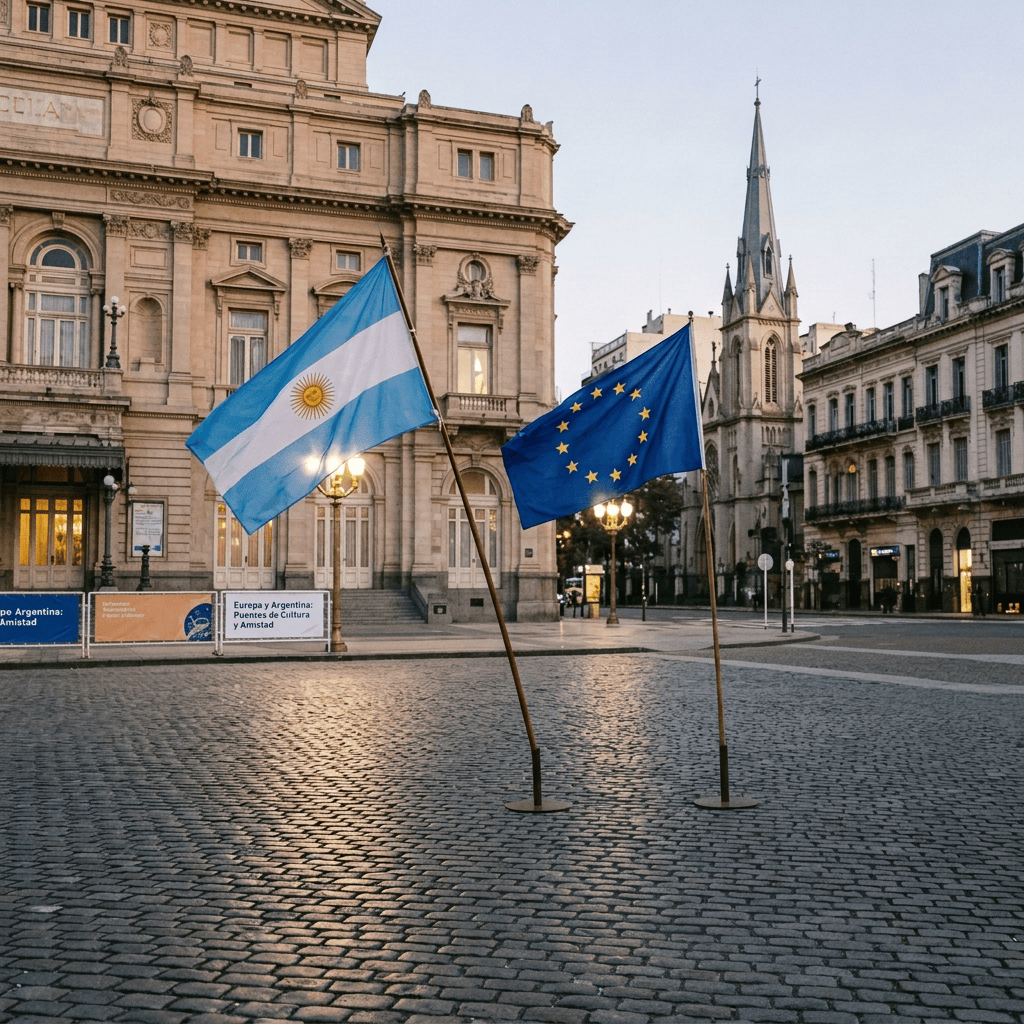 People holding Argentina and European Union flags; sign reads “Europa y Argentina: Puentes de Cultura y Amistad.”