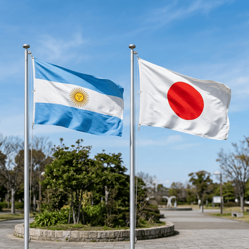 Argentina and Japan flags flying side by side in a park