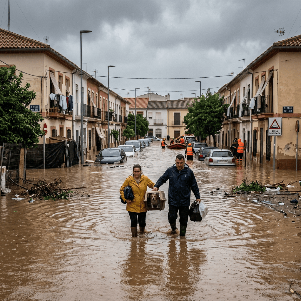 Residents wade through flooded street; warning sign reads "ZONA INUNDADA" and street signs read "CALLE BEL 610".